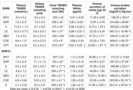 Table 4. Measurements of TBARS, nitrite and proteinuria in the experimental groups. 