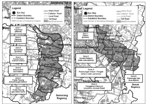 Figure 2: Delineation of service centre in corridors of Semarang-Ungaran and  Semarang-Mranggen 