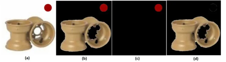 Figure 7 (a) original HubB  + medium size label (b) segmented HubB + label  (c) segmented label only (d) the part segmented 