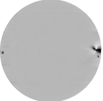 Figure 10. X-ray diffraction image, taken on a prototype of the Bruker/Jordan Valley QCTT wafer imaging tool, of two edge indents, one (A) of which generated a macroscopic crack in the 200mm diameter wafer (right) and one (B) which did not nucleate such a 