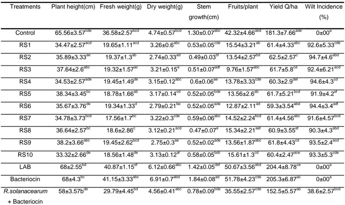 Table 5. Effect of L. paracasei ssp. paracasei on plant growth and tomato yield under field conditions