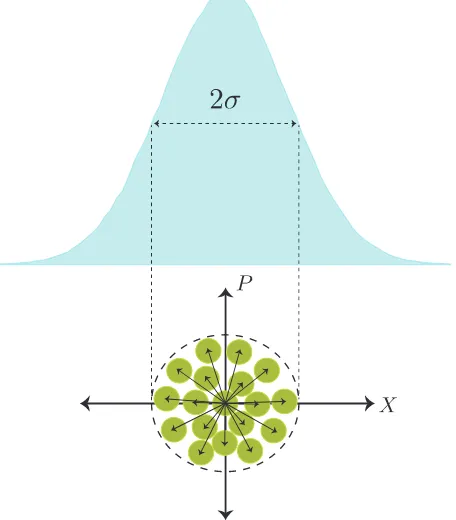 Figure 3.2: Vacuum state with Gaussian distributed noise. Here σ is the standarddeviation of the distribution, and X and P refer to the phase and amplitude quadra-ture.