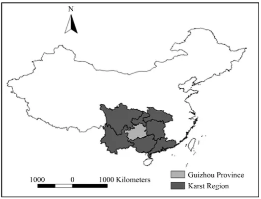 Figure 1. The location of Guizhou province in the middle of the karst area. 