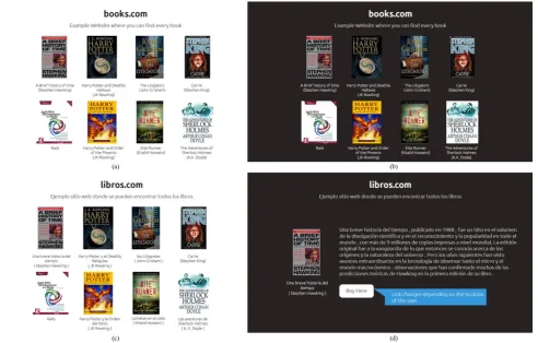 Figure(3)(a) Shows the books section of the website in the normal form.(b) Same books section but at night(inverted color scheme) (c)When the book section is opened in Spain, language translated to Spanish (d) When book information is viewed in 