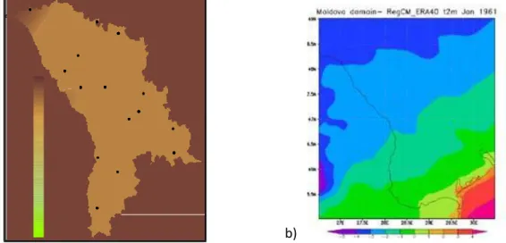 Fig. 1: Location of the 15 meteorological stations and RegCM Moldova domain 