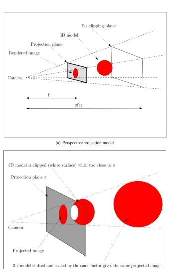 Figure 3.7: Rendering with perspective projection. 3.7(a) shows the perspective projectionmodel used