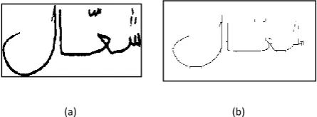 Fig 4.  Producing spurious tails (a) Arabic handwriting word ‘shaal’ (لاّعش) before thinning; (b) the word ‘shaal’ 