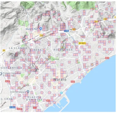 Figure 3. Randomly Selected grids (100mts x 100mts) drawn over Mataró map with the sampled audit zones marked in magenta