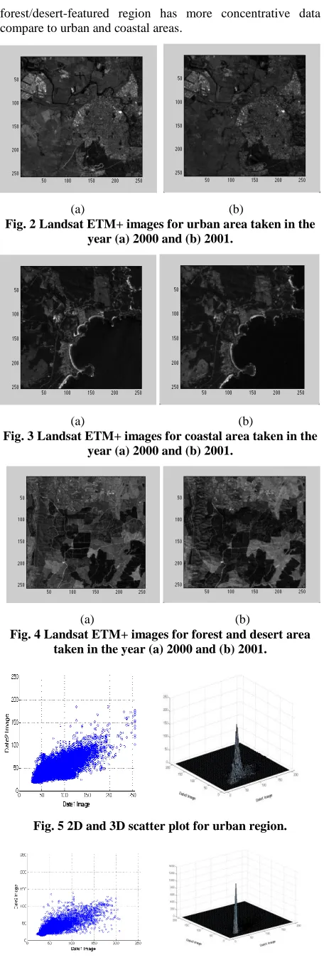 Fig. 2 Landsat ETM+ images for urban area taken in the year (a) 2000 and (b) 2001. 