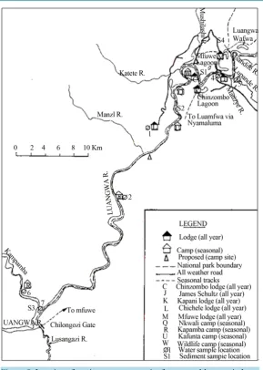 Figure 5. Location of tourist camps as security features and lagoons in lower study area (Modified after Sichingabula, 1998; Anon, 2008)