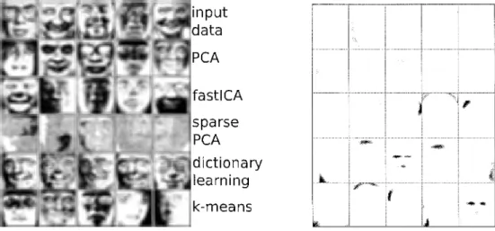 Figure  1:  (Left)  Features  learned  from  the  ORL  dataset 2 with various  matrix  factorization  methods  such  as  principal  component  analysis  (PCA),  independent  component  analysis  (ICA),  and  dictionary  learning