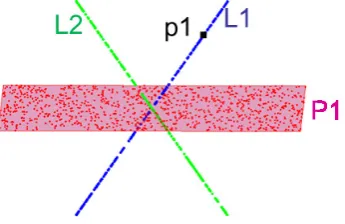 Figure 2.1: A toy example of subspace clustering. Three subspaces are contained inthis example: two lines (L1, L2), and one plane (P1).