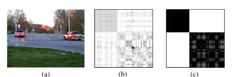 Figure 4.1: Subspace clustering example: (a) Two motions, each forming onesubspace; (b) Shape Interaction Matrix of the trajectories in (a), which is sensitiveto noise; (c) Afﬁnity matrix obtained by our method: a much clearer block-diagonalstructure.
