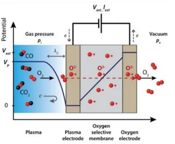 Fig. 6. – Voltage distribution of the plasma across the plasma sheath and across the solidoxygen membrane.atoms and plasma electrons incident on the plasma electrode and subjected to the plasma sheathelectric ﬁeld inﬂuence the electro-chemistry at the plas