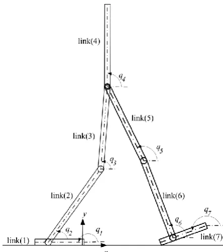 Fig. 3:The biped configuration during the DSP1. In the DSP2 the front foot is fixed and the rear foot rotates