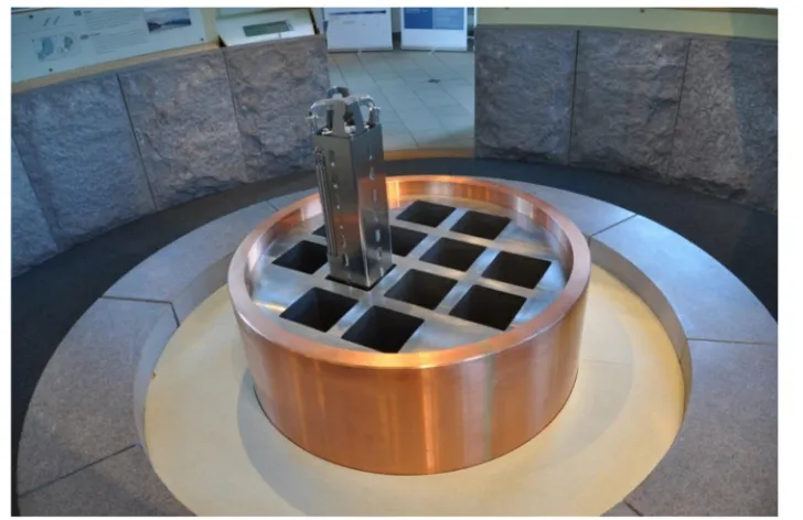 Fig. 5. – Swedish KBS-3 concept: Disposal of a Cu-coated steel canister in a vertical drillhole into the granitic host rock surrounded by clay buﬀer.(Picture taken from Wikipedia,https://commons.wikimedia.org/wiki/File:SKB KBS-3.jpg#file.)