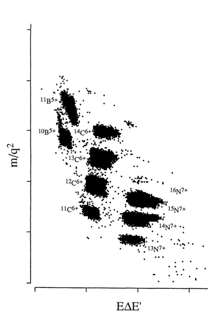 Fig. 2.4. Two-dimensional particle identification plot of various ions produced in the 
