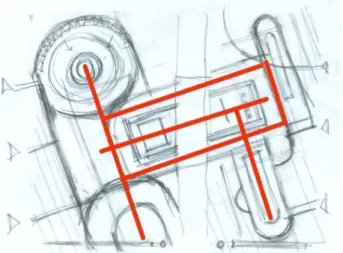 Figure  4. Fourth iteration of the design included a major reconstruction of  the  path  systems,  and  a  greater  linking  of  the  two  blocks  with  cross-axial  secondary  regulating  lines