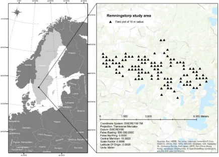 Figure 1. Overview of the Remningstorp test site in southern Sweden. The location of the 10 m radiussample plots which were used in the study are marked with black triangles.
