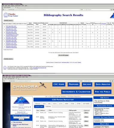 Figure 3. Screenshots of interfaces which access the Chandra Bibliography. The top panel shows search resultsfrom the Bibliography Search Pages for refereed journal articles which are CSPs with multi-observatory analysisof the Crab Nebula