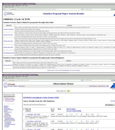 Figure 3. Screenshots of interfaces which access the Chandra Bibliography. The top panel shows search resultsfrom the Bibliography Search Pages for refereed journal articles which are CSPs with multi-observatory analysis