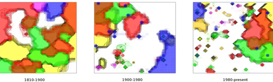 Figure 5: Using self-organising maps to characterise the semantic space in a real-world image collection acquired between 1810-1900, 1900-1980, and 1980-present day