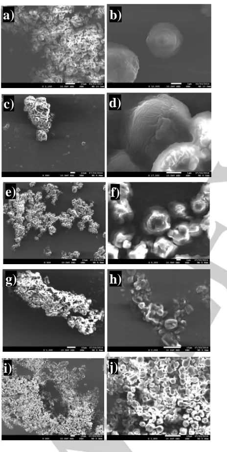 Figure 1. SEM images of the silicone-loaded PU capsules. Sample compositions (silicone oil/PEG1000/MDI): a), b) 10/20/20; c), d) 10/10/10; e), f) 10/5/5; g), h) 15/15/15 and i), j) 10/15/15