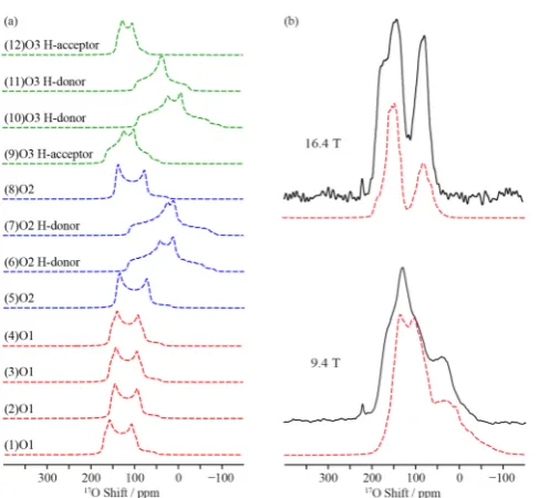 Figure 6. (a) Simulation of the GIPAW calculatedenriched Baof the GIPAW calculatedT. (b) Comparison of the experimental 17O NMR spectraof the 12 sublattice O sites occurring in the lowest energy optimizedstructure I of Ba2In2O4(OH)2