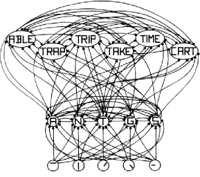 Figure 3.  A few of the neighbours of the node for the letter “T”  in the first position in a word and their interconnections (McClelland & Rumelhart, 1981, p