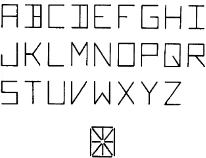 Figure 5. The features used to construct the letters and the letters in the font assumed by the simulation program on which the IA model and the DRC model are based  (McClelland & Rumelhart, 1982, p