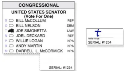 Fig. (5) Scantegrity Ballot and Receipt.”Scantegrity uses an optical scan ballot with randomly assigned code letters located next to each choice (left)
