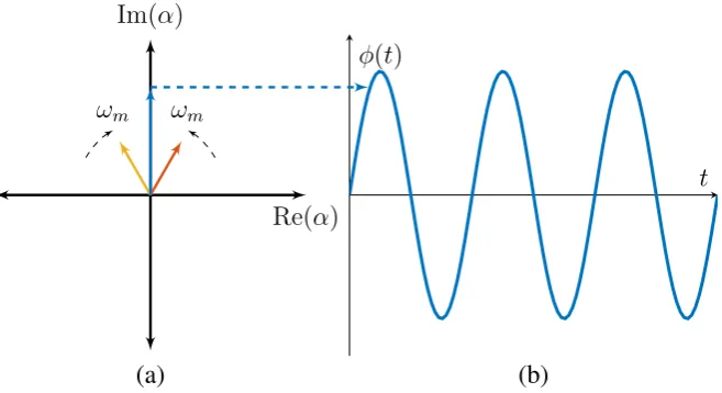 Figure 2.1: A phasor diagram, (a), showing the upper (red) and lower (yellow) sidebandsrotating in opposite directions at a frequency of ωm relative to the carrier