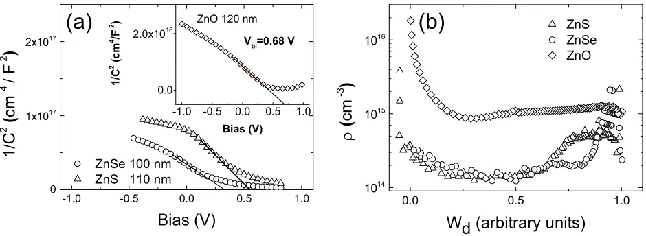 Figure 2 plot for the ZnO/CdS/CdTe solar cell. The straight black lines are the fitting curves to estimate measured at T =300 K and frequency of 10 kHz