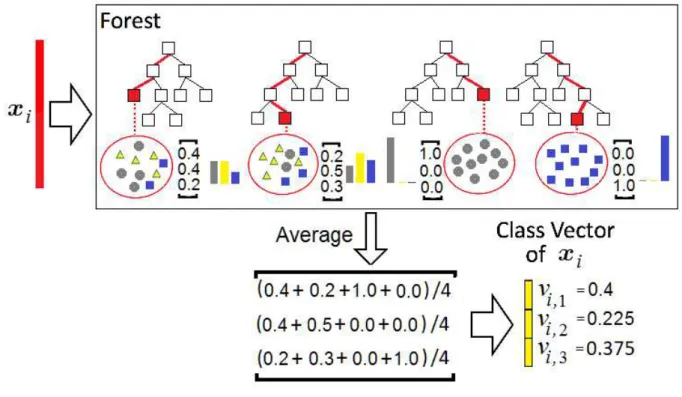 Figure 2: An illustration of the class vector generation by using average of the tree probability class vectors.