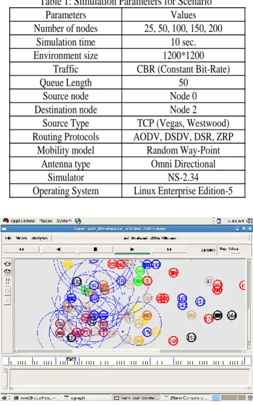 Figure 5.1 Scenario of 200 nodes of TCP westwood with AODV Routing Protocol 