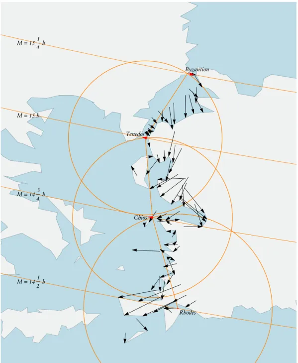 Fig. 3 | Reconstruction of the method used by Ptolemy for determining the positions of places on the west coast of Asia Minor in his Geography .