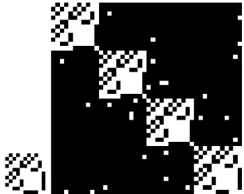 Figure 1: The adjacency matrices of the Mycielski graph M (4) and the random graph G 0 .