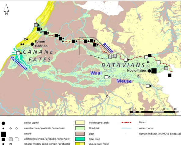 Fig. 1 | Palaeogeographic map of the Dutch river area around AD 100 with the case study area indicated
