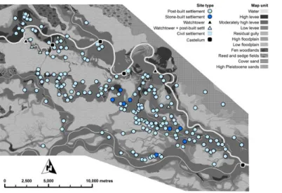 Fig. 6 | Simpliﬁed palaeogeographical map including a diachronic overview of the archaeological site database