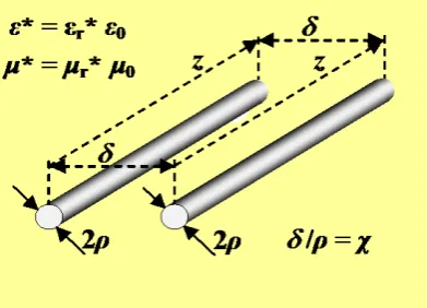 Figure 1. Lecher’s line (μsection); twin-lead transmis- sion line consisting of pair of ideal conductive non- magnetic wires of diameter 2ρ, separated by δ situated in space with permittivity ε* = εr* ε0 and permeability * = μr* μ0