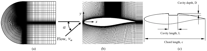 Figure 1. (a) Computational domain; (b) close view of grids in the vicinity of baseline airfoil; (c) airfoil with cavity
