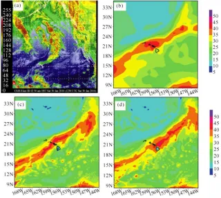 Figure 5. (a) Satellite image at 0030 UTC 30 January, 2010; (b) Total precipitable water (km/m−2) at 0000 UTC 30 January, 2010 from NCEP FNL; (c) Total precipitable water at 0000 UTC 30 January, 2010 from the GPS RO run; (d) Total precipitable water at 000