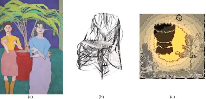 Figure 2: Three computationally created images. (a) Untitled from AARON’s middle period output