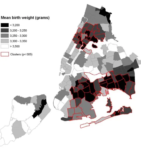 Figure 1found by the spatial scan statistic with the normal probability modelcant clusters found by the spatial scan statistic with the normal probability modelThe geographical distribution of birth weight in New York City zip codes in 2004, with two statistically significant clusters The geographical distribution of birth weight in New York City zip codes in 2004, with two statistically signifi-.