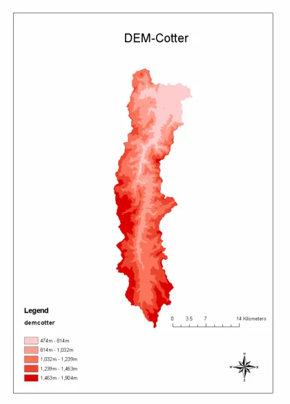 Figure 3.7: High resolution (20 meter) Digital Elevation Model (DEM) data representing the topography of the Cotter River Catchment 