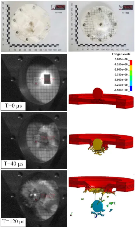 Fig. 15. Perforated ballistic impact test (TI1408), simulation shows the o-o-p displacement in cm.