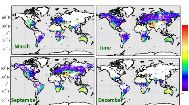 Figure 3. Monthly aggregated surface reﬂectance at 555 nm retrieved from AATSR with ADV for March, June, September and December2007.