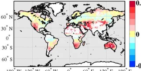 Figure 5. Difference between the monthly aggregated ADV-retrieved surface reﬂectances at 659 and 555 nm for June 2007.