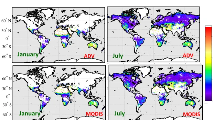 Figure 8. ADV (upper panel) and MODIS-derived surface reﬂectances matching the AATSR viewing geometry (lower panel) for 555 nm forJanuary (left) and July (right).