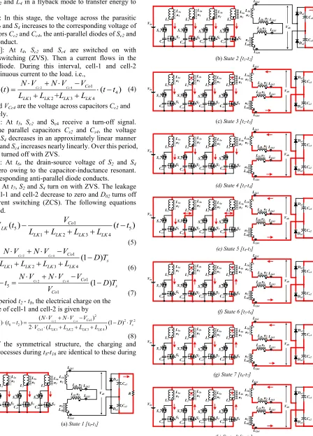 Fig. 3 Eight operational stages of the proposed converter (using two cells).  